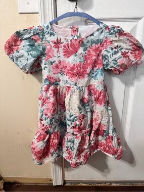 Janie and Jack Pink Floral Dress with Teal Leaves